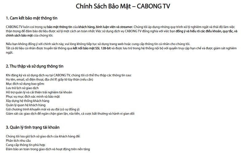 Chính sách bảo mật năm 2025 - Quyền riêng tư của người dùng 1 Chính Sách Bảo Mật – CABONG TV